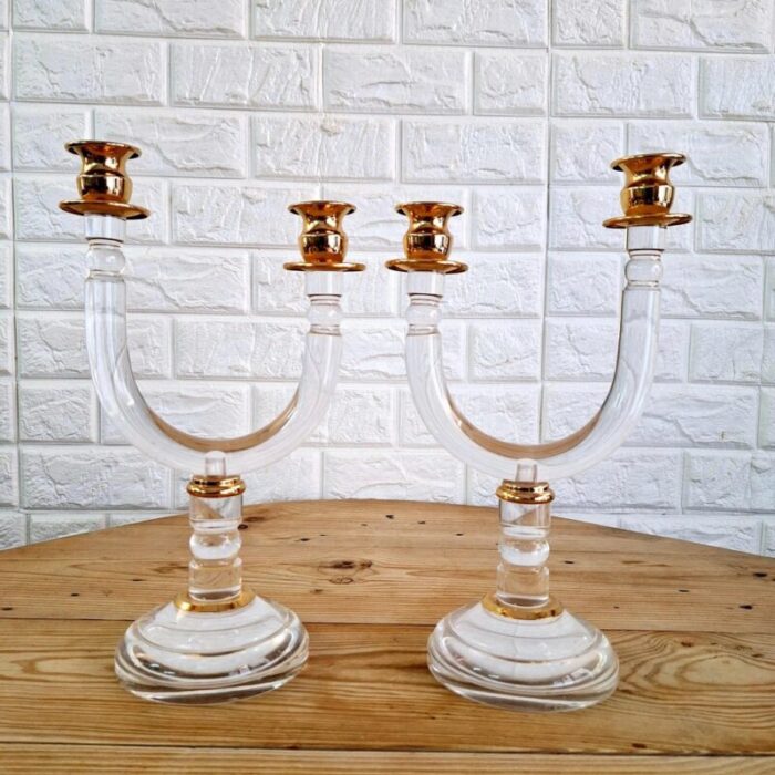 italian art deco revival acrylic and brass candleholders 1980s set of 2 1