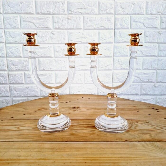 italian art deco revival acrylic and brass candleholders 1980s set of 2 2