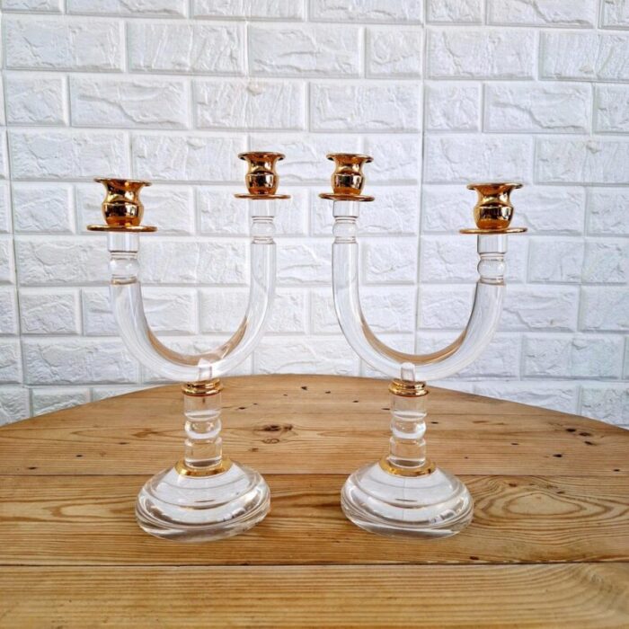 italian art deco revival acrylic and brass candleholders 1980s set of 2 3