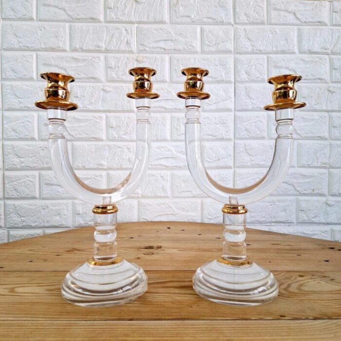 italian art deco revival acrylic and brass candleholders 1980s set of 2 5