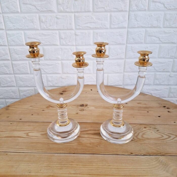 italian art deco revival acrylic and brass candleholders 1980s set of 2 7