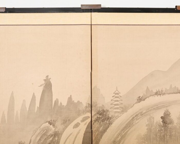 japanese showa four panel screen lakeside village landscape 0152