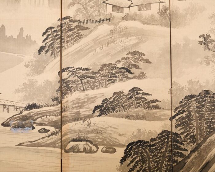 japanese showa four panel screen lakeside village landscape 1002