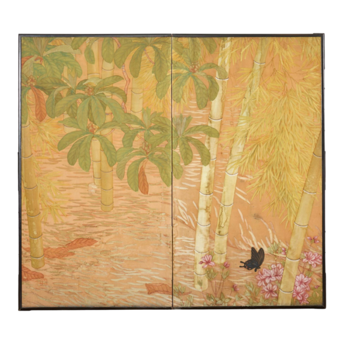 japanese taisho two panel screen bamboo butterfly landscape 0782