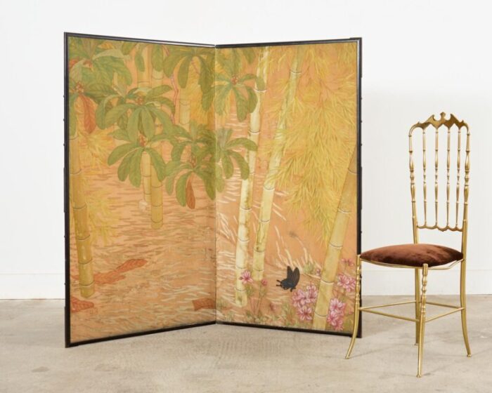 japanese taisho two panel screen bamboo butterfly landscape 2675