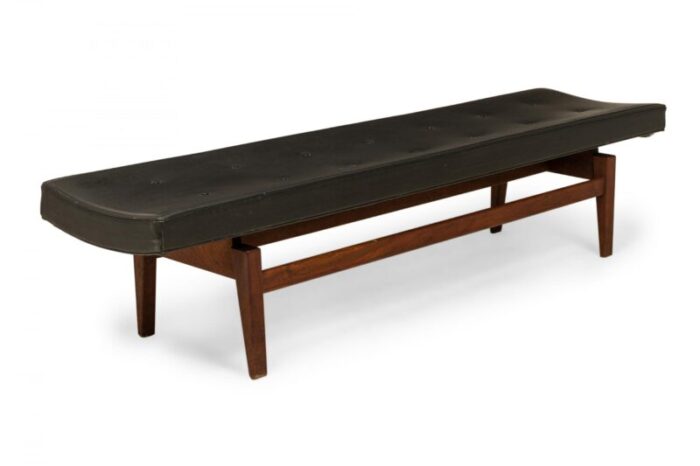 jens risom danish mid century black tufted vinyl and wood floating bench 3039