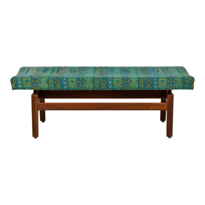 jens risom danish mid century blue and green southwestern pattern upholstery and wood floating bench 2224