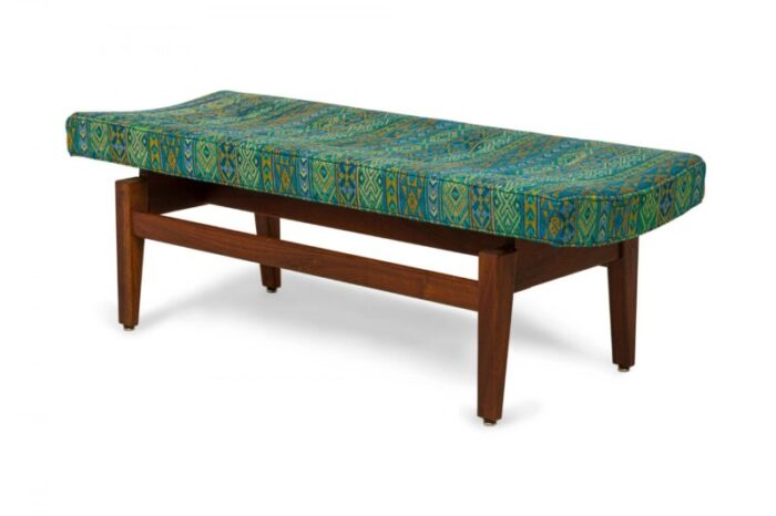 jens risom danish mid century blue and green southwestern pattern upholstery and wood floating bench 2283