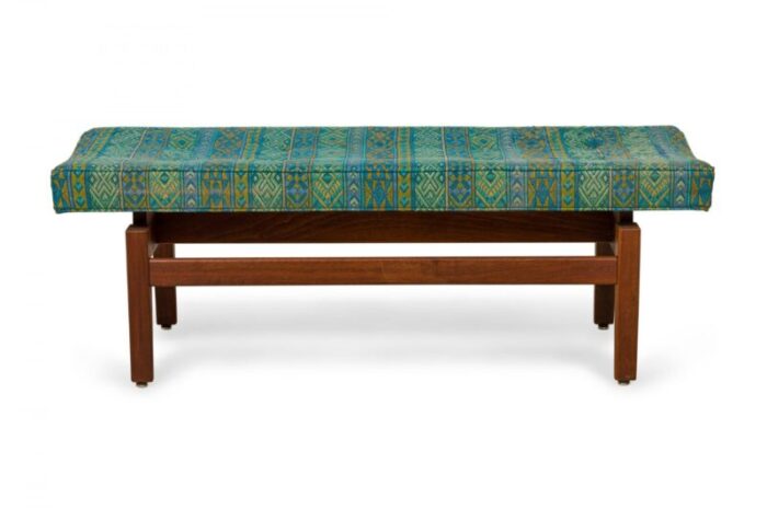 jens risom danish mid century blue and green southwestern pattern upholstery and wood floating bench 3016