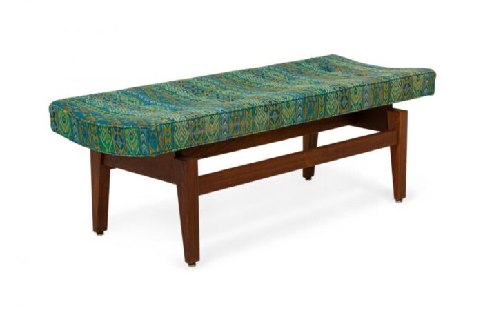 jens risom danish mid century blue and green southwestern pattern upholstery and wood floating bench 5060