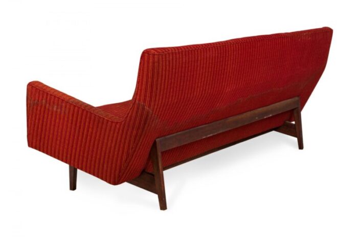 jens risom danish mid century faintly striped red upholstered sofa 4076