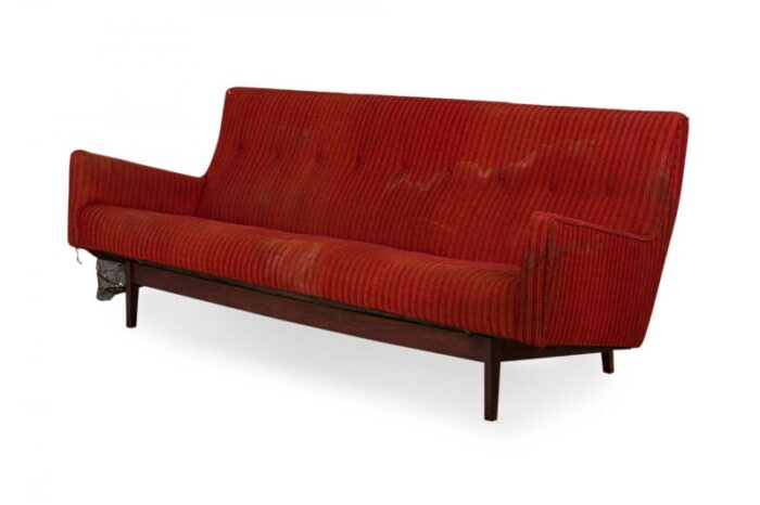 jens risom danish mid century faintly striped red upholstered sofa 4495