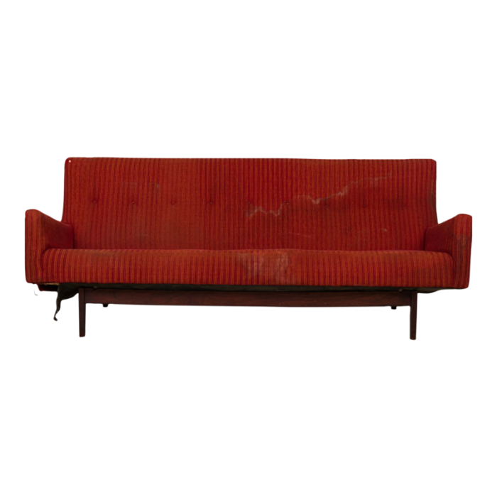 jens risom danish mid century faintly striped red upholstered sofa 8030