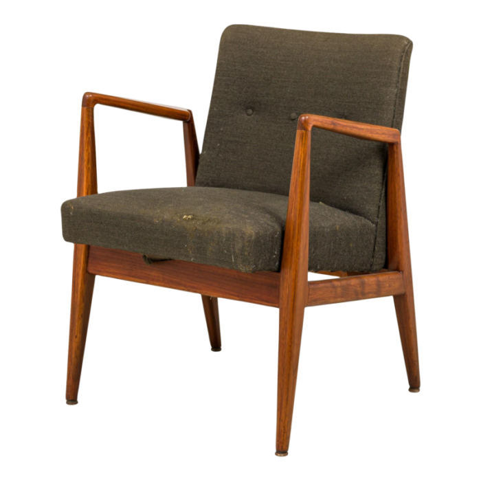 jens risom danish mid century gray fabric upholstered teak playboy armchair 0594