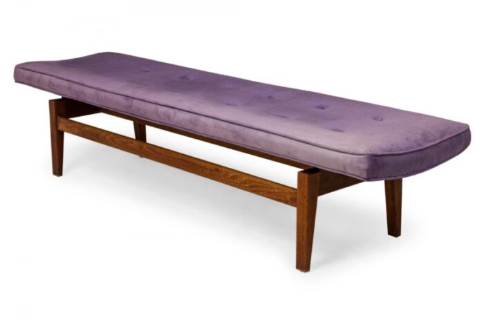 jens risom danish mid century purple tufted velour and wood floating bench 1511