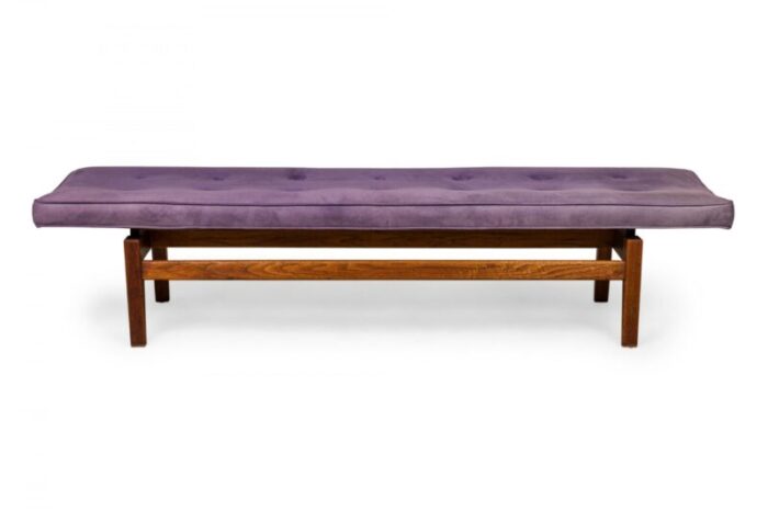 jens risom danish mid century purple tufted velour and wood floating bench 4099