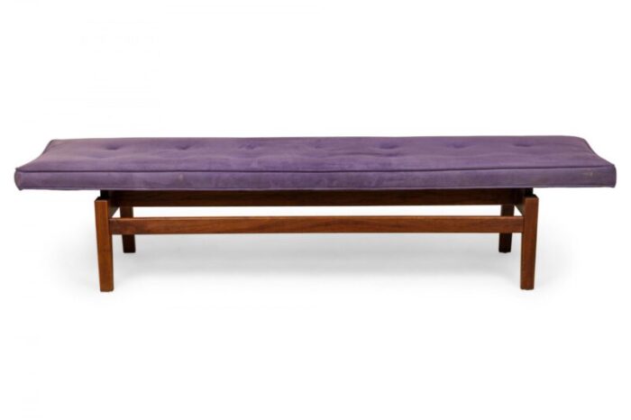 jens risom danish mid century purple tufted velour and wood floating bench 4751