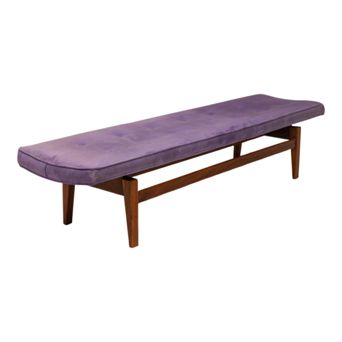 jens risom danish mid century purple tufted velour and wood floating bench 9858