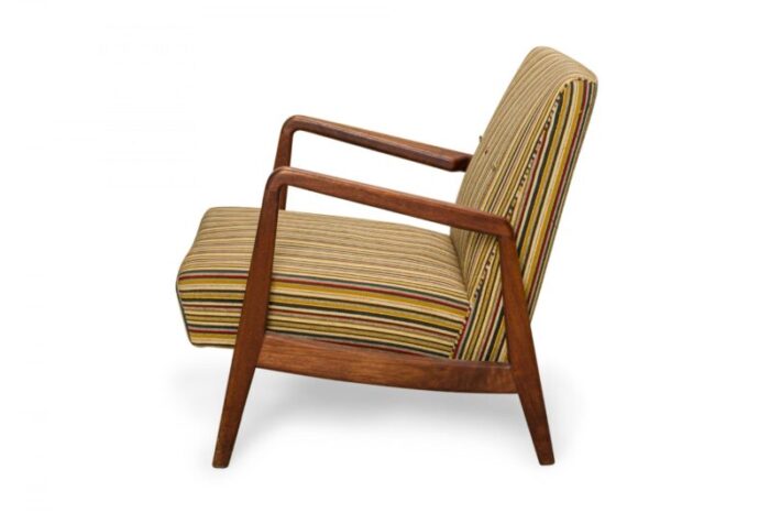 jens risom danish mid century shaped teak and striped upholstered lounge armchair 4540