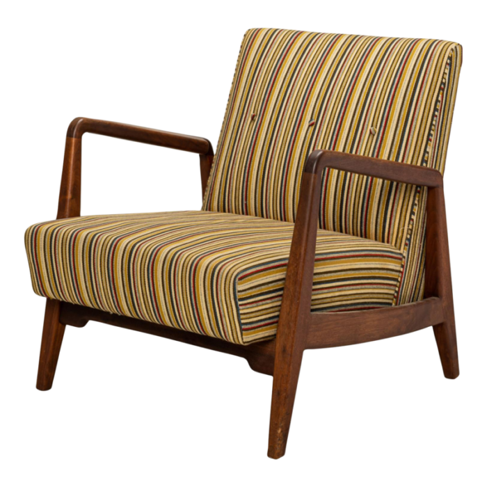 jens risom danish mid century shaped teak and striped upholstered lounge armchair 6265