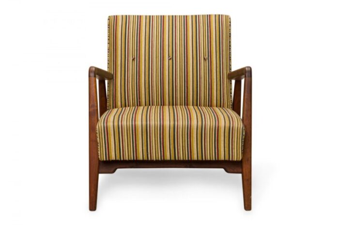 jens risom danish mid century shaped teak and striped upholstered lounge armchair 8064