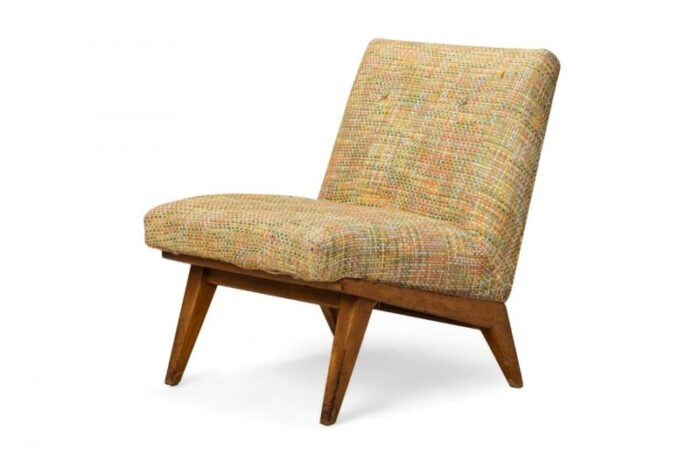 jens risom for knoll mid century multi colored textured upholstered blonde wood slipper side chair 7824