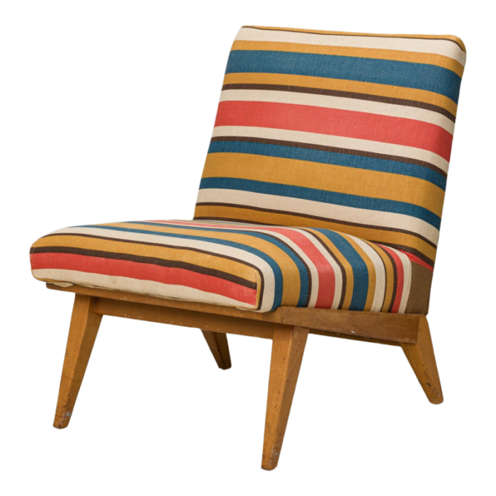 jens risom for knoll mid century striped upholstered blonde wood slipper side chair 1946