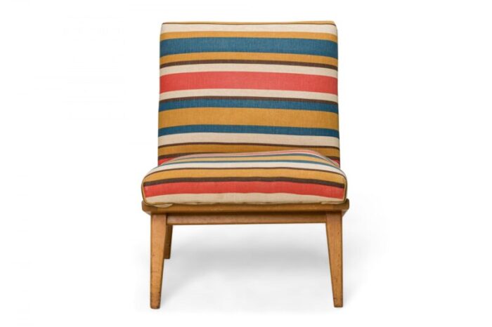 jens risom for knoll mid century striped upholstered blonde wood slipper side chair 7112