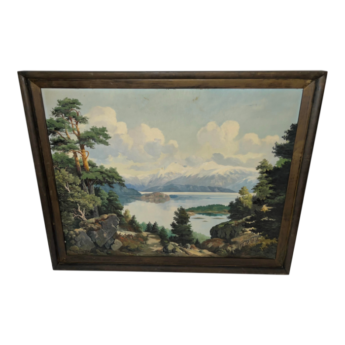 jens tvedt large oil on masonite painting of mountain lake and mountain scenery framed 5019