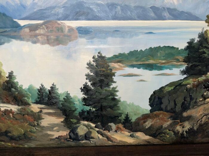 jens tvedt large oil on masonite painting of mountain lake and mountain scenery framed 5021