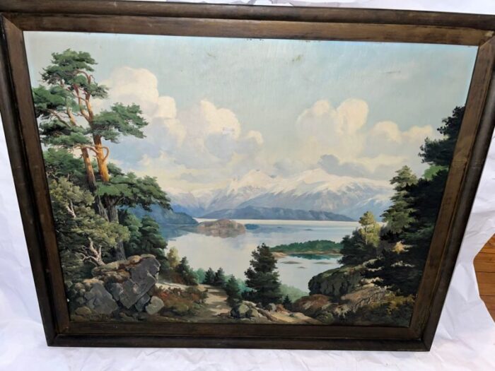 jens tvedt large oil on masonite painting of mountain lake and mountain scenery framed 5420