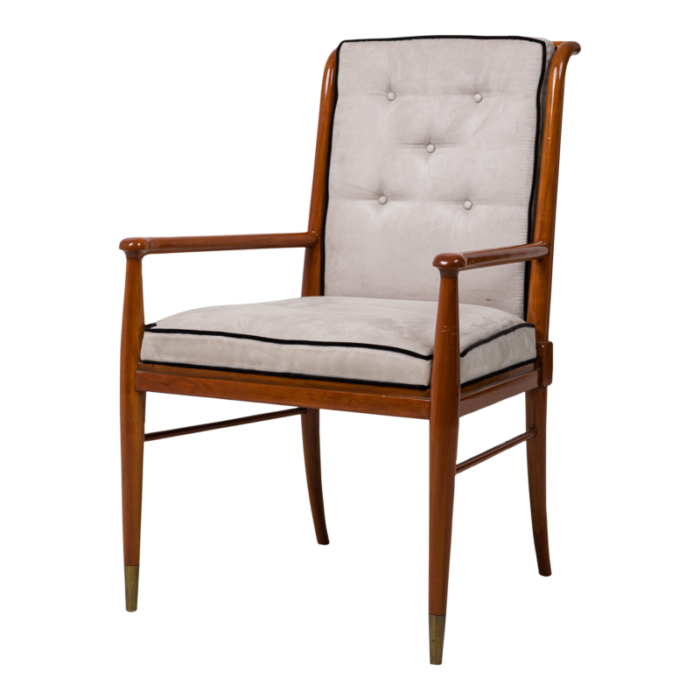 john stuart mid century american walnut and brass gray suede upholstered armchair 7970