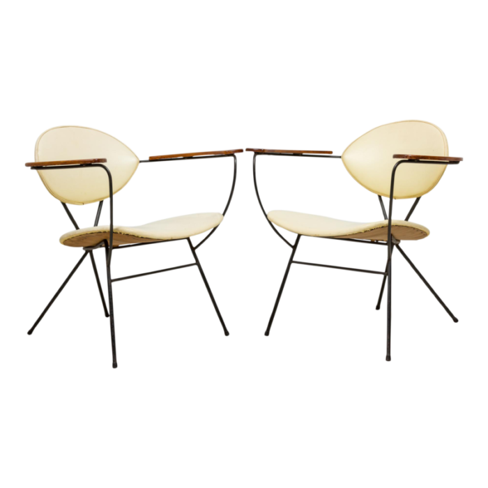 joseph cicchelli american mid century wrought iron and beige vinyl lounge chairs a pair 5931