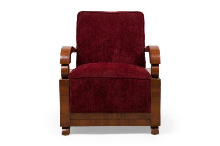 jules leleu art deco french rosewood open armchair in burgundy red upholstery 0728