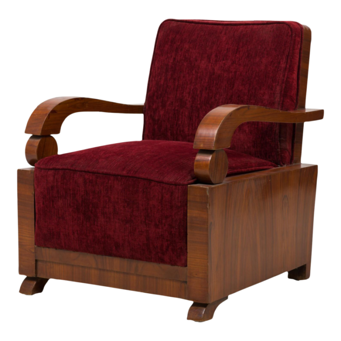 jules leleu art deco french rosewood open armchair in burgundy red upholstery 4693