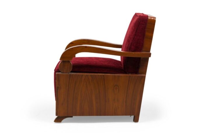 jules leleu art deco french rosewood open armchair in burgundy red upholstery 7104