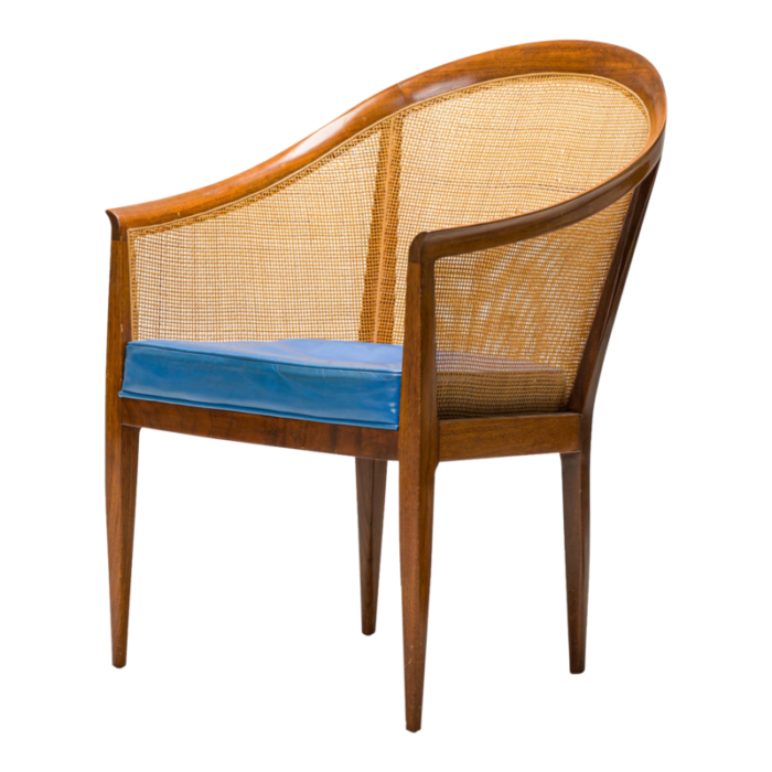 kipp stewart for directional american mid century walnut cane and blue leather chairs a pair 1059