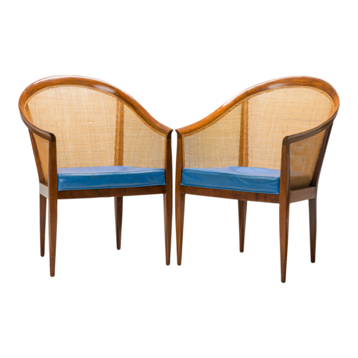 kipp stewart for directional american mid century walnut cane and blue leather chairs a pair 5367