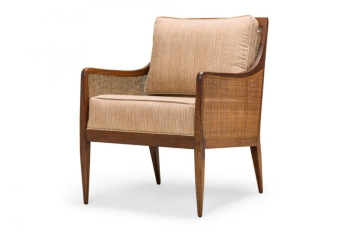 kipp stewart for directional mid century walnut cane and beige upholstered lounge chairs a pair 1919