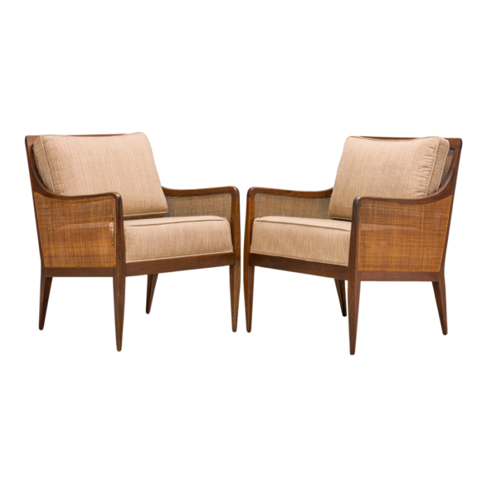 kipp stewart for directional mid century walnut cane and beige upholstered lounge chairs a pair 7448