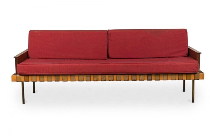 knoll associates mid century american leather strap day bed with red upholstered cushions 0096