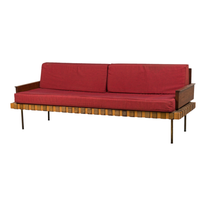 knoll associates mid century american leather strap day bed with red upholstered cushions 1598