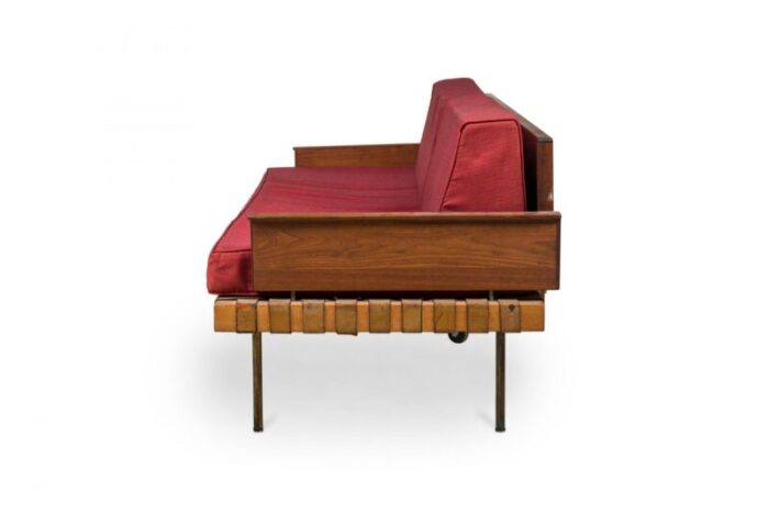 knoll associates mid century american leather strap day bed with red upholstered cushions 4093