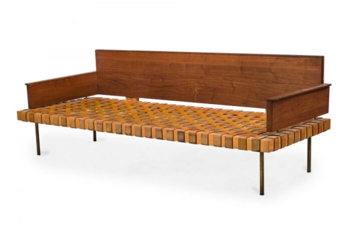 knoll associates mid century american leather strap day bed with red upholstered cushions 7469