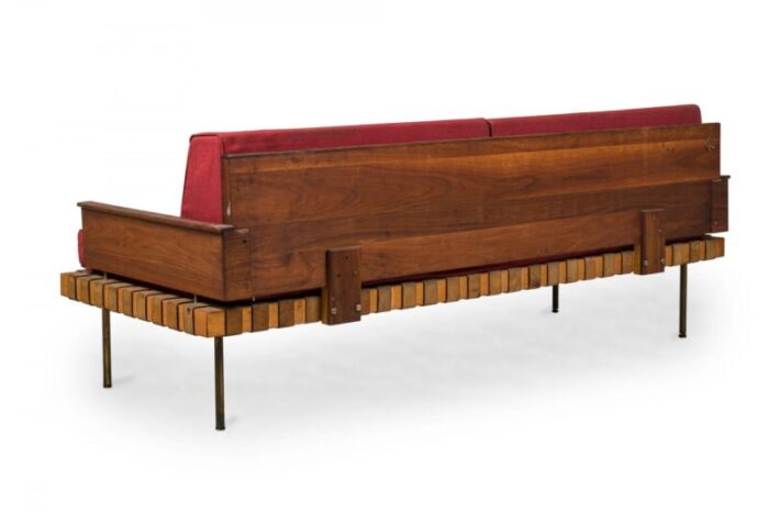 knoll associates mid century american leather strap day bed with red upholstered cushions 9528