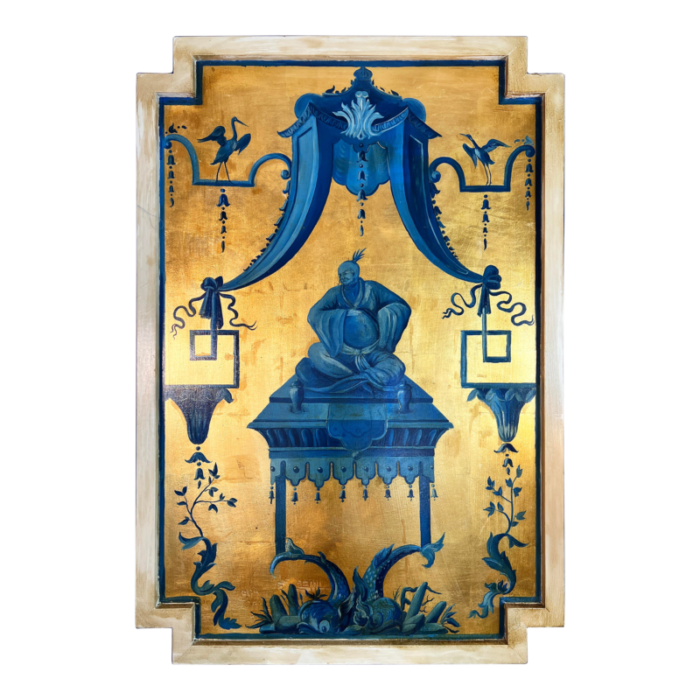 large chinoiserie chic style painting panel blue oil on gilded wood ground framed 3608