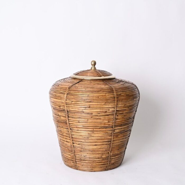 large french riviera basket in rattan brass italy 1970s 2