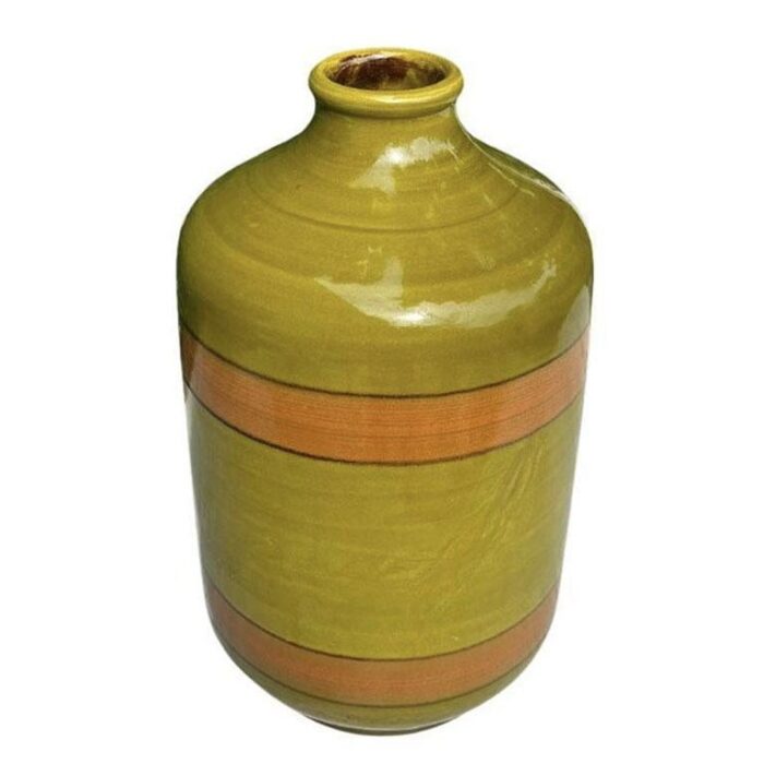 large italian mid century vase in olive green and orange by raymor italy 4125