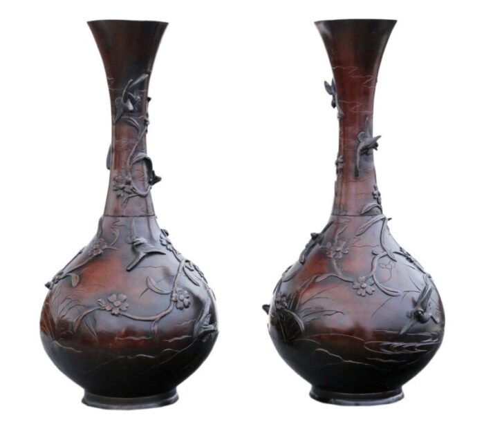 large japanese bronze vases 19th century set of 2 2