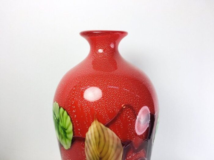 large mid century modern red murano glass vase with floral motifs 1970s 2